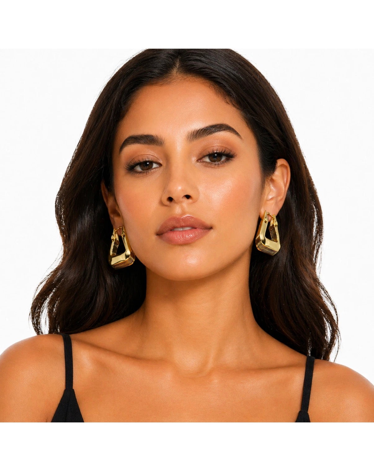 Gold Tone Ribbed Hoop Dangle Earrings Women Fashion Jewelry Gift Set Style Daily
