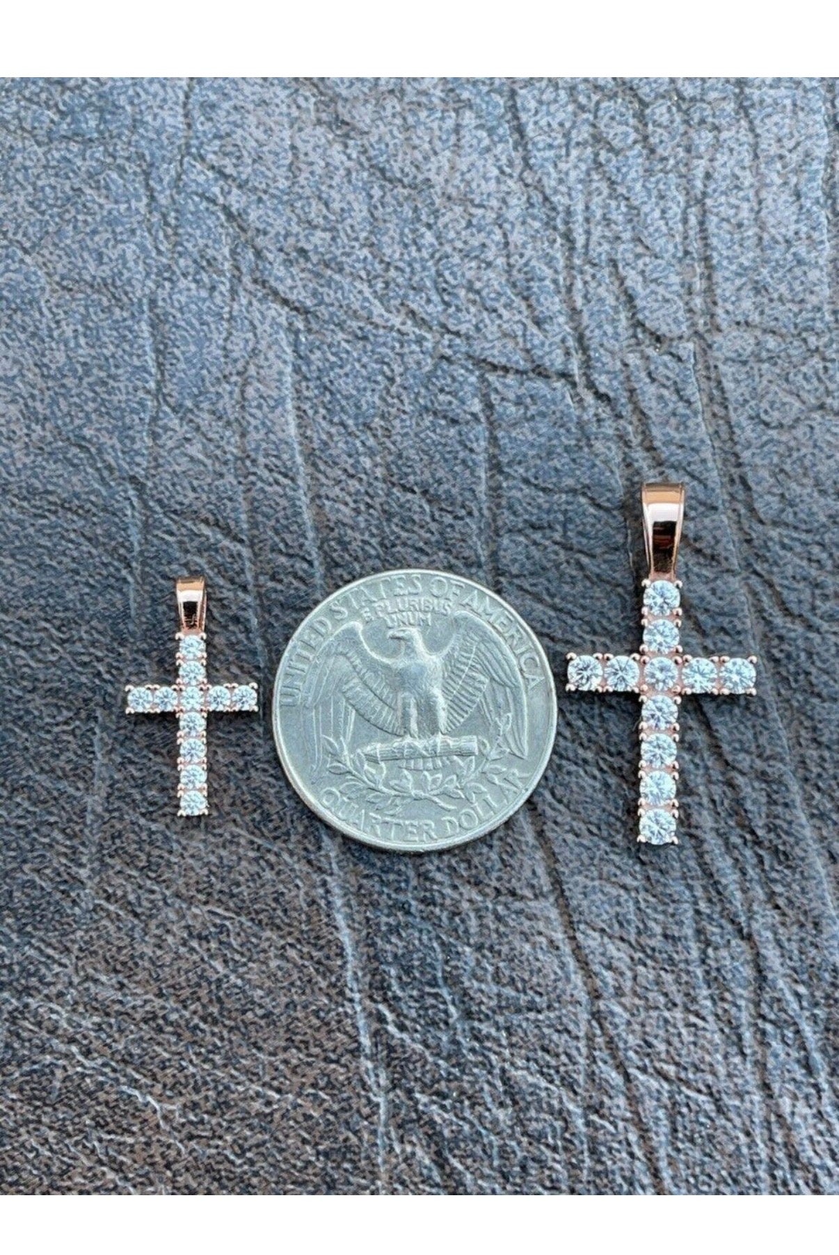 Tennis Cross Iced Pendant - Rose Gold Vermeil 925 Silver - 5 Sizes 0.75"-2.25"