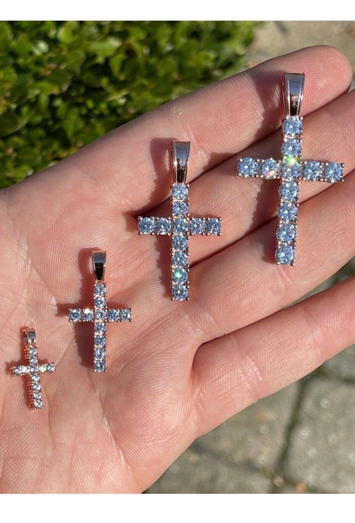 Tennis Cross Iced Pendant - Rose Gold Vermeil 925 Silver - 5 Sizes 0.75"-2.25"