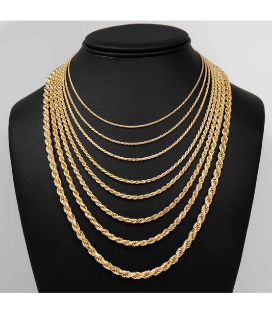 Rope Chain 14K Yellow Gold-Plated Solid Sterling Silver 925 All Sizes