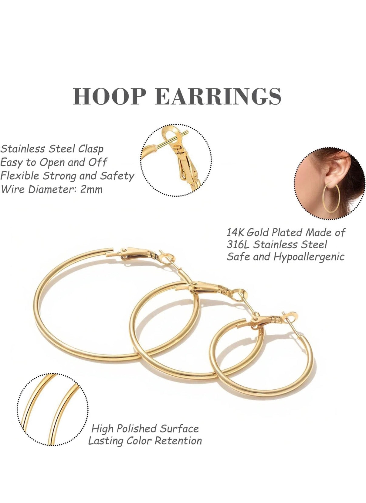 4 Pairs Stainless Steel 30/40/50/60 Mm Silver 14K Gold Hoop Earrings for Women H