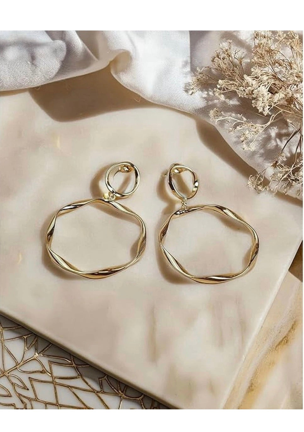 Gold Tone Double Hoop Dangle Earrings Women Fashion Jewelry Gift Set Style Daily