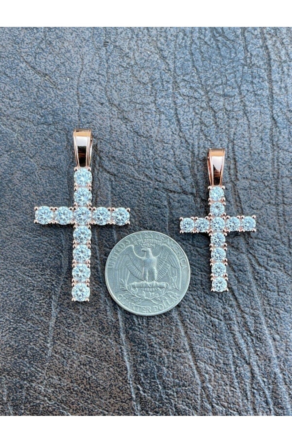 Tennis Cross Iced Pendant - Rose Gold Vermeil 925 Silver - 5 Sizes 0.75"-2.25"
