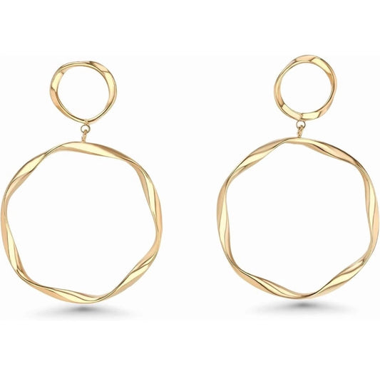 Gold Tone Double Hoop Dangle Earrings Women Fashion Jewelry Gift Set Style Daily
