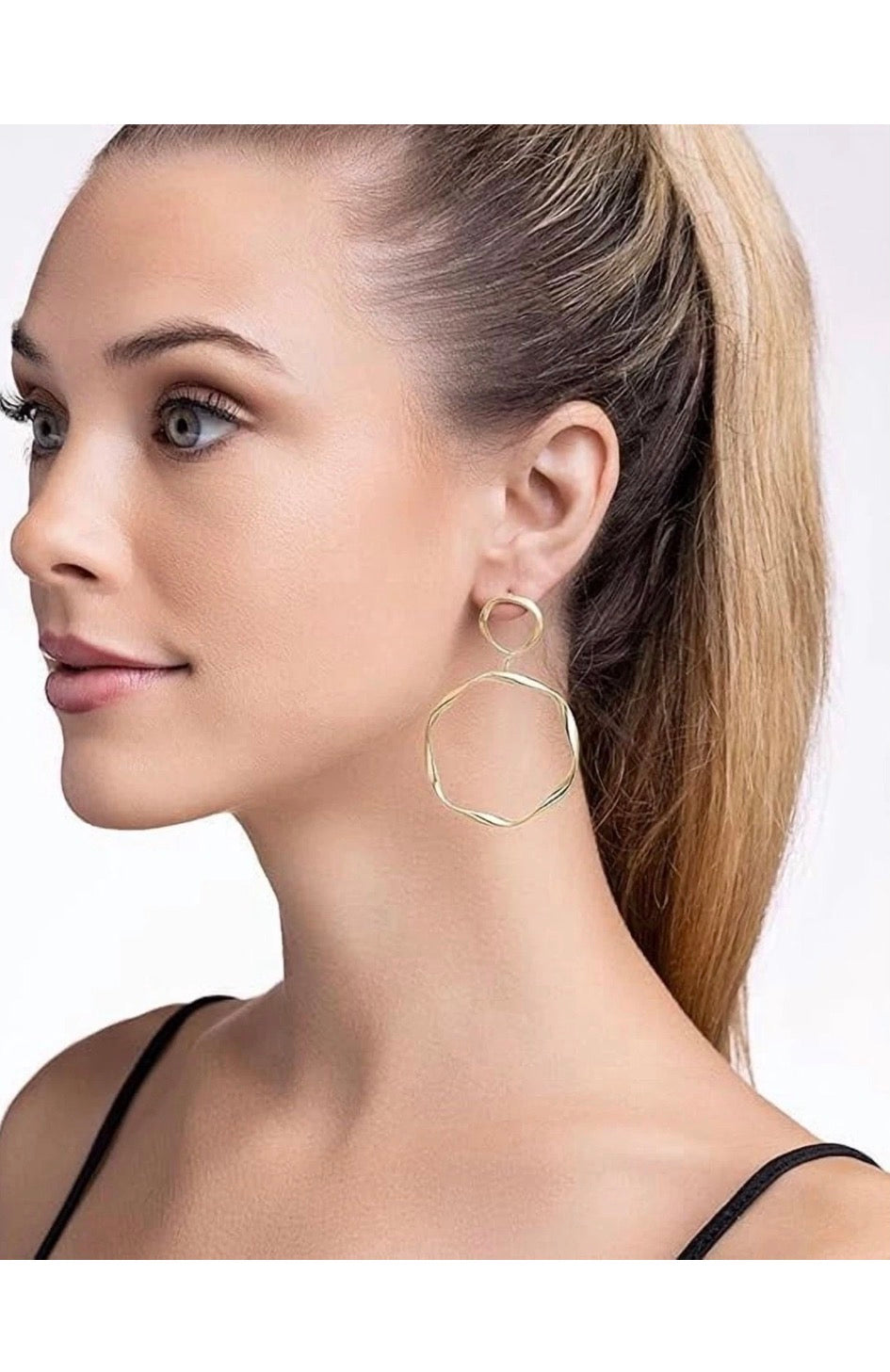 Gold Tone Double Hoop Dangle Earrings Women Fashion Jewelry Gift Set Style Daily